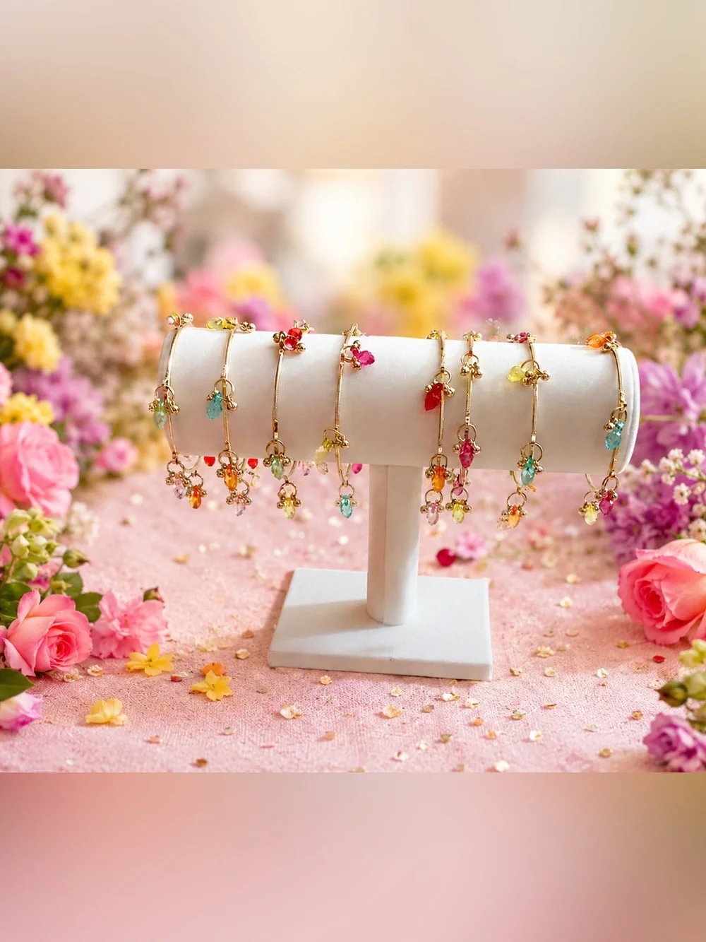 Gold-Tone Multi-Color Flower Charm Bracelet